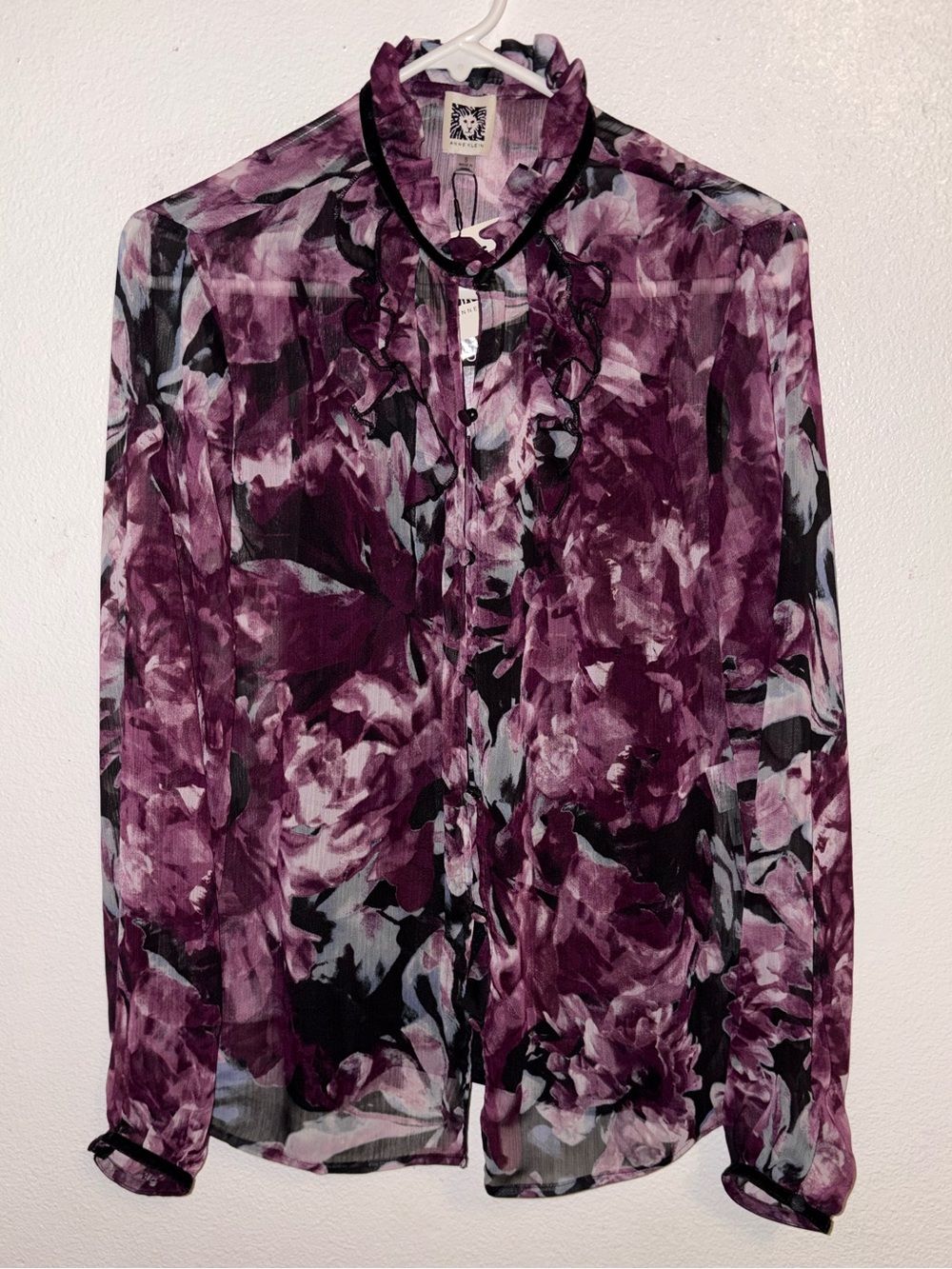 Anne Klein Purple & Black Sheer Floral Blouse W/Tank Size Small NWT